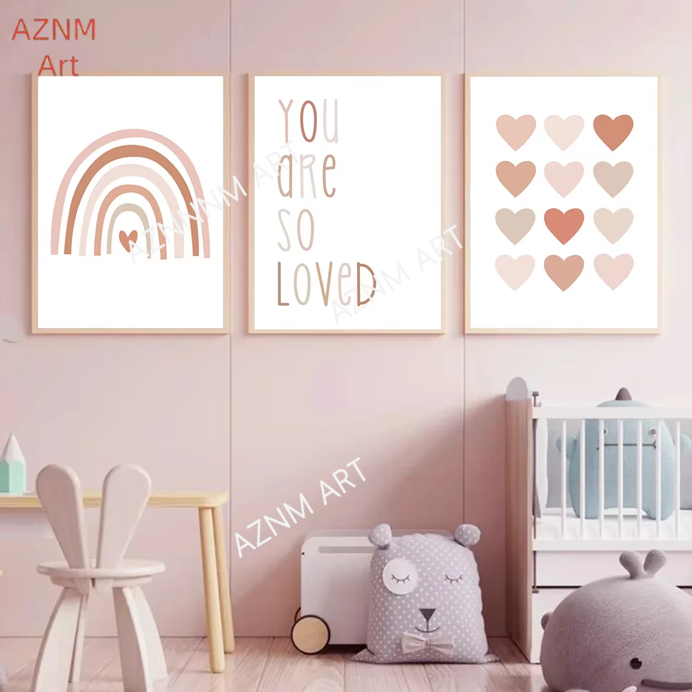 Baby Nursery Wall Art - 1/3PCS ，Cartoon Heart Rainbow Pink Wall