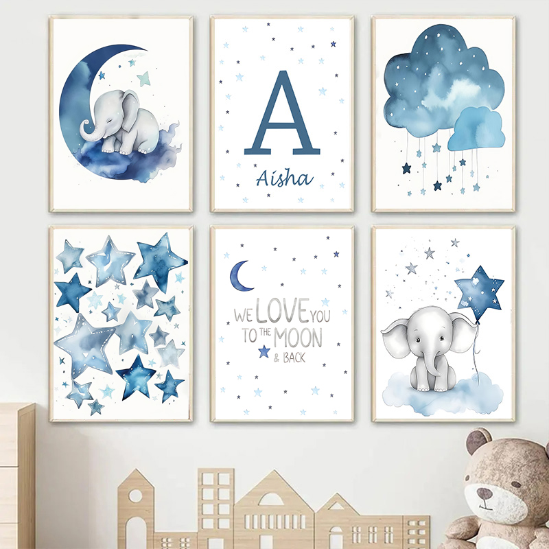 Baby Name Wall Art - Blue Moon and Stars Baby Name