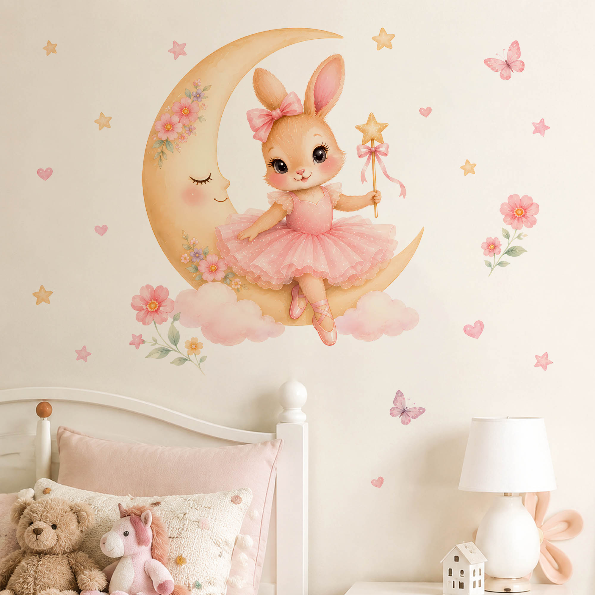 Baby Nursery Decor Ideas - Watercolor Ballerina Bunny Moon Wall Stickers