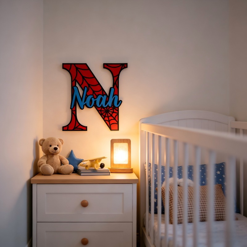 Baby Nursery Name Sign - Personalized Spider‑Web Name Hanging Sign, Custom