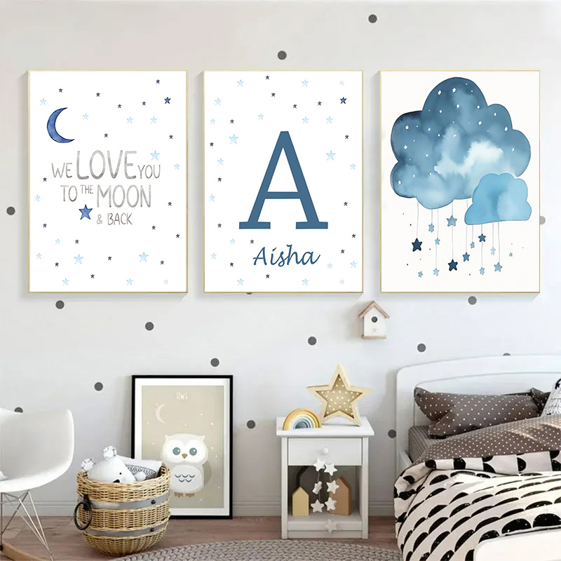 Blue Moon and Stars Baby Name  - Baby Name Wall Art recension och pris