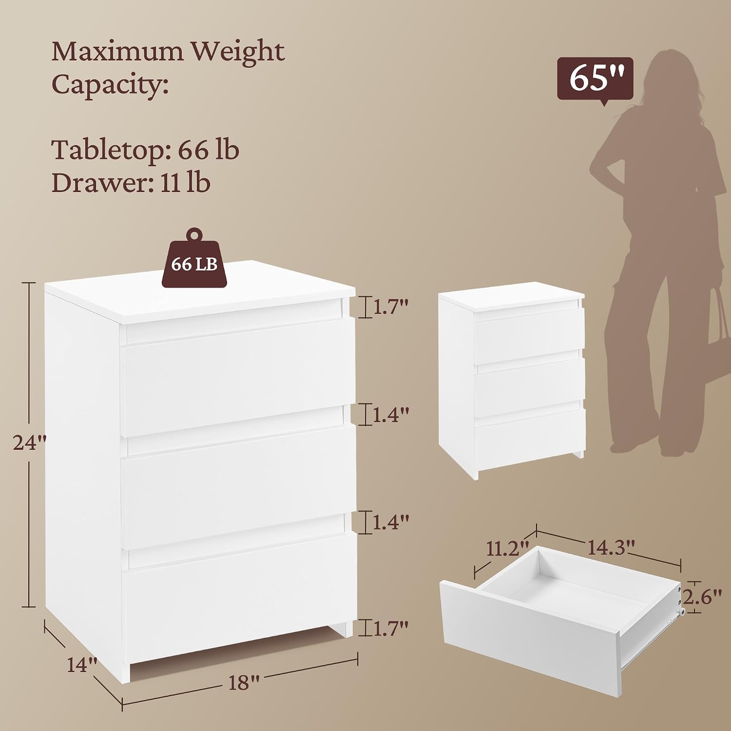 Small Nightstand with 3 Drawer - Drawer Dresser White recension och pris