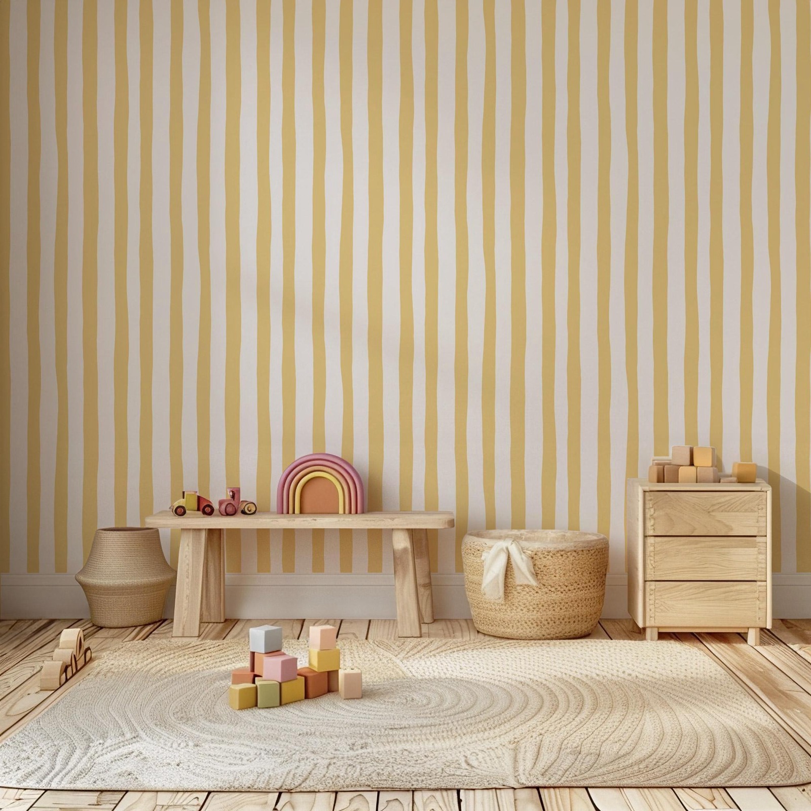 Sunshine Yellow Wobbly Stripes - Baby Nursery Peel And Stick Wallpaper recension och pris