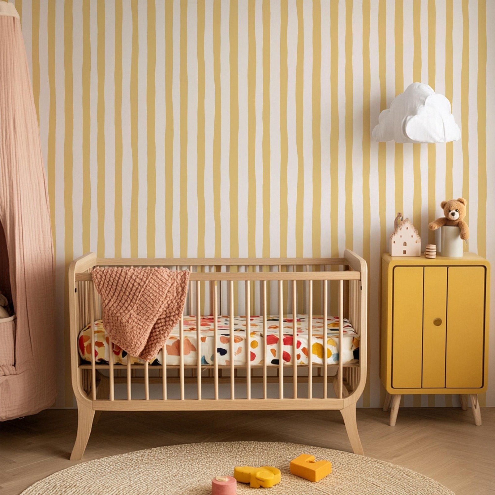 Sunshine Yellow Wobbly Stripes - Baby Nursery Peel And Stick Wallpaper recension och pris