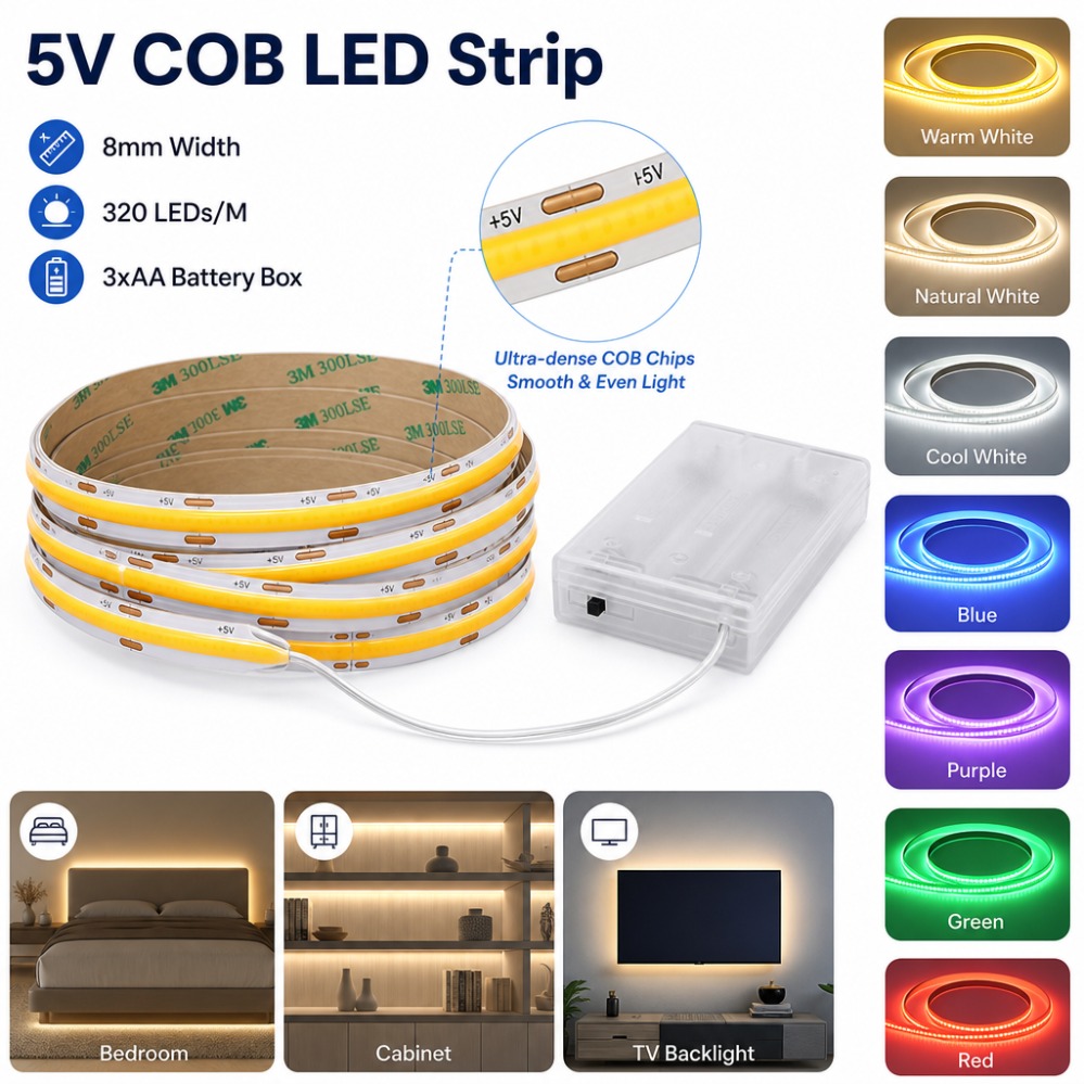3AA Battery 5V COB LED Strip 8 - Drawer Dresser White recension och pris
